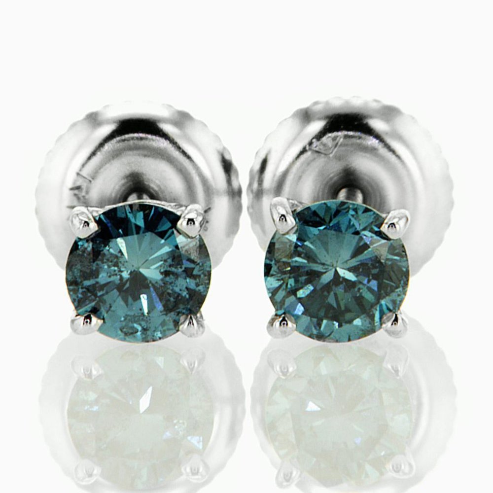 Blue Color Round Shape Diamond Stud Earrings SI1 14K White Gold 0.68 Carat